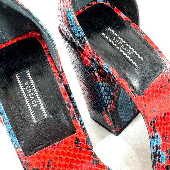 VERSACE Medusa Red Blue Embossed Snakeskin Leather Heel Sandals Wedge 38 8US - Picture 8 of 13